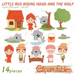 RED RIDING HOOD inspiriert Clipart, böser Wolf, digitale Clipart für Kinder, Märchen - Sofortiger Download