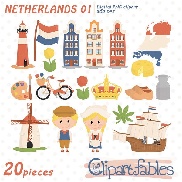 Cute NETHERLANDS clipart, European travel party, Dutch art, Traditional costume - INSTANT download, Printable, Digital design