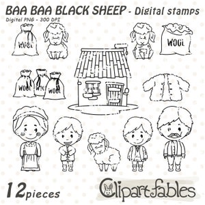 May include: Black and white digital stamps featuring a sheep, a house, bags of wool, a person wearing a coat, and three people. The text "BAA BAA BLACK SHEEP - Digital stamps" and "12 pieces" are also included in the image.