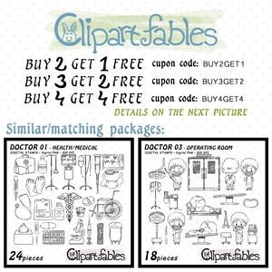 Puede incluir: Ilustraciones de sellos digitales en blanco y negro sobre temas m&eacute;dicos y de quir&oacute;fano. Las im&aacute;genes incluyen un m&eacute;dico, equipo m&eacute;dico y una cama de hospital. El texto de la imagen dice "BUY 2 GET 1 FREE cupon code: BUY2GET1 BUY 3 GET 2 FREE cupon code: BUY3GET2 BUY 4 GET 4 FREE cupon code: BUY4GET4 DETAILS ON THE NEXT PICTURE Similar/matching packages: DOCTOR 01-HEALTH/MEDICAL DIGITAL STAMPS-Digital PNG-300 DPI 24 pieces Clipart fables DOCTOR 03-OPERATING ROOM DIGITAL STAMPS - Digital PNG-300 DPI 18 pieces Clipart fables"