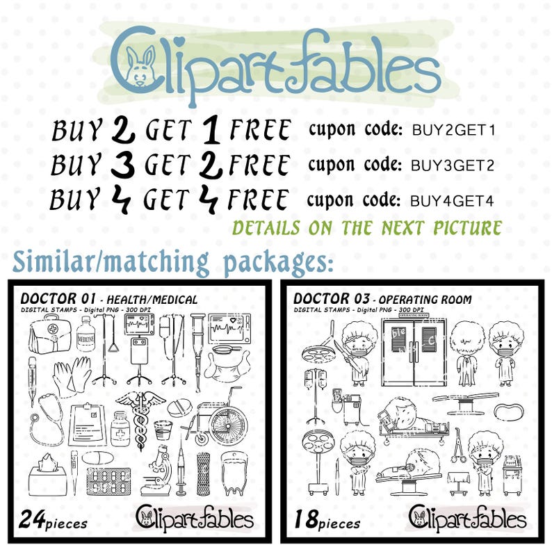 Puede incluir: Ilustraciones de sellos digitales en blanco y negro sobre temas m&eacute;dicos y de quir&oacute;fano. Las im&aacute;genes incluyen un m&eacute;dico, equipo m&eacute;dico y una cama de hospital. El texto de la imagen dice "BUY 2 GET 1 FREE cupon code: BUY2GET1 BUY 3 GET 2 FREE cupon code: BUY3GET2 BUY 4 GET 4 FREE cupon code: BUY4GET4 DETAILS ON THE NEXT PICTURE Similar/matching packages: DOCTOR 01-HEALTH/MEDICAL DIGITAL STAMPS-Digital PNG-300 DPI 24 pieces Clipart fables DOCTOR 03-OPERATING ROOM DIGITAL STAMPS - Digital PNG-300 DPI 18 pieces Clipart fables"