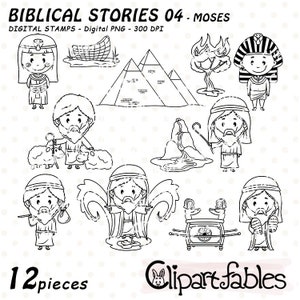 Könnte beinhalten: Schwarz-weiße Linienzeichnungen von Szenen aus der Geschichte von Moses. Die Illustrationen zeigen Moses als Baby in einem Korb, Moses, der das Rote Meer teilt, Moses mit den Zehn Geboten und mehr. Die Illustrationen sind Teil eines Sets mit 12 Teilen.