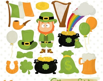 St. PATRICK'S Day Clipart - Saint Patricks Day, Leprechaun and Shamrock digital art, Four leaf clover, Irish art - INSTANT download