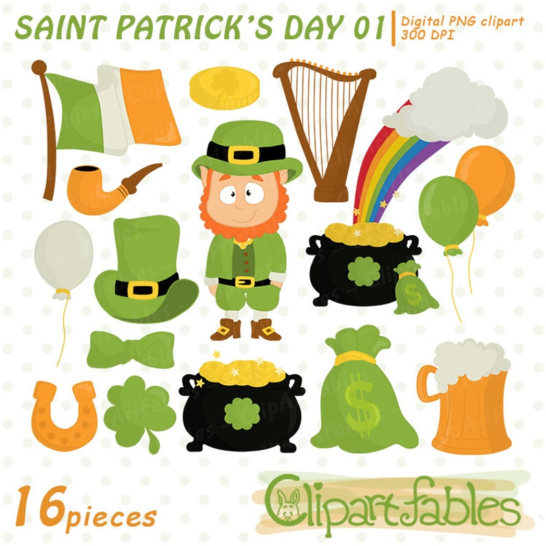 St. PATRICK'S Day Clipart Saint Patricks Day, Leprechaun and Shamrock digital art, Four leaf clover, Irish art INSTANT download image 1