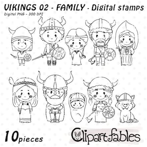 Selos digitais da FAMÍLIA VIKING, Valquíria, contorno nórdico, arte de linha do Guerreiro Viking, clipart da Europa, arte celta - download INSTANTÂNEO, colorir