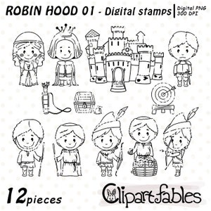ROBIN HOOD digital stamps, Middle age line art, English history, Prince of thieves outline, Coloring for kids - INSTANT download