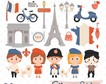 PARIS clipart, Cute Eiffel Tower clip art French girl, Napoleon art, Travel, France,  Parisian party - INSTANT Download, Digital clipart