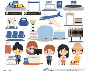 AIRPORT clipart, Check-in, At the Airport clip art, Aircraft, Travel, Good flight, Plane design. Airplane - INSTANT download