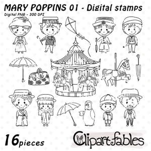 MARY POPPINS digitale postzegels, carnaval, carrouselpaard clipart, magie, Londen, oppas, kleurstoffen, overzicht, INSTANT download, digitale kunst