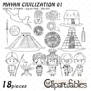MAIA ANTIGO - Selos digitais MAIA, Civilização Maia, Pirâmide, Mexicano, Contorno, Colorir, América Central, Cultura de Yucatán - Instantâneo