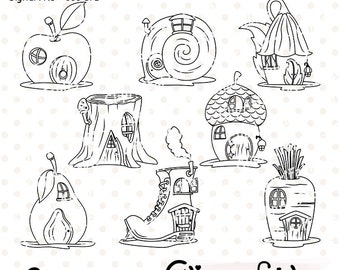 Cute GNOME HOUSES digital stamps, Woodland outline, Forest gnome homes coloring, Fairy tale houses clipart - INSTANT download, Colouring