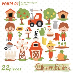 May include: A set of 22 farm-themed clipart images, including a red tractor, a barn, a windmill, a scarecrow, a farmer, a chicken, a sunflower, a watering can, a wheelbarrow, a fence, a birdhouse, a pair of boots, a pumpkin, a bushel of carrots, and two apple and pear trees. The text "FARM 01" and "22 pieces" are also included in the image.