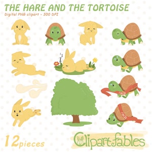 HASE und SCHILDKRÖTE Clipart für Kinder, La Fontaine's Fabel, Niedliche Gute-Nacht-Geschichten, Illustrationen für eine lustige Geschichte - SOFORT Download