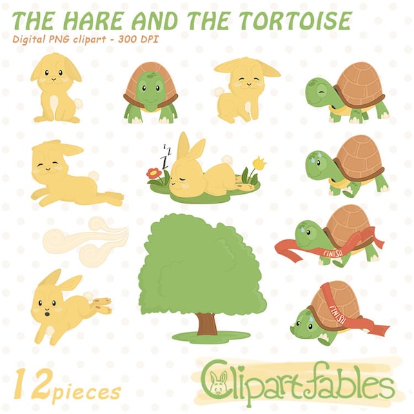 HARE and TORTOISE clipart for kids, La Fontaine's Fable, Cute bedtime story illustrations, Moral tale clip art - INSTANT download