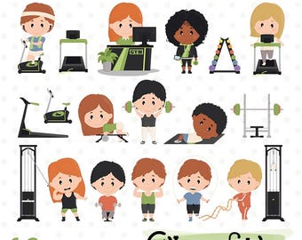 GYM clipart, Ilustracja fitness, Trening, Ćwiczenia zdrowotne, Słodkie sztuki treningowe - NATYCHMIASTOWE pobieranie, Cyfrowe PNG