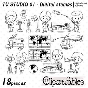 TV STUDIO デジタルスタンプ、ニュースレポーターラインアート、レポーターキッズ、天気予報アウトライン、ニュース速報 - 即時ダウンロード、デジタル png