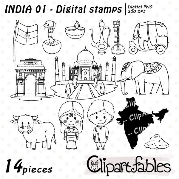 Cute INDIA digital stamps, Taj Mahal design, Indian national costume, Travel line art, Outline, INSTANT download, Printable Digital PNG