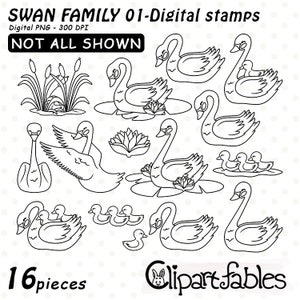 FAMILIA DE CISNES - Sellos del día de la madre, Madre y bebé, Familia de animales - Descarga INMEDIATA, Imprimible, Sellos digitales
