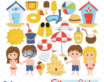 Cute BEACH clipart, SUMMER vacation, Beach fun time, Happy kids at the Beach, Tropical Clip art - INSTANT download - Digital clipart