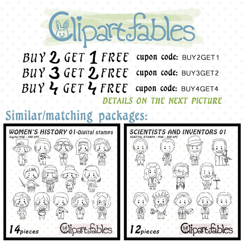 May include: Black and white illustrations of women and scientists. The illustrations are in a cartoon style and are arranged in a grid. The text "Women's History 01-Digital Stamps" and "Scientists and Inventors 01" are at the top of the grid. The text "14 pieces" and "12 pieces" are at the bottom of the grid.