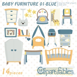 May include: A set of 14 blue and yellow baby furniture illustrations, including a crib, changing table, dresser, high chair, and a wardrobe. The illustrations are in a cartoon style and are perfect for use in baby room decor, nursery art, or scrapbooking.