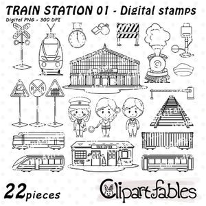 Sellos digitales de ESTACIÓN DE TREN, Trenes, Contorno de locomotora, Señales de ferrocarril, Señales de tráfico ferroviario, Colorear - Descarga INSTANTÁNEA, PNG digital