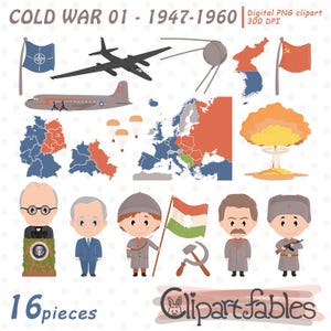 May include: A set of 16 colorful cartoon illustrations depicting the Cold War era. The illustrations include a map of Europe divided into red and blue, a map of Germany divided into red and blue, a satellite, a plane, a parachute, a nuclear bomb, a flag with a hammer and sickle, a flag with a NATO symbol, and cartoon characters representing the Cold War.