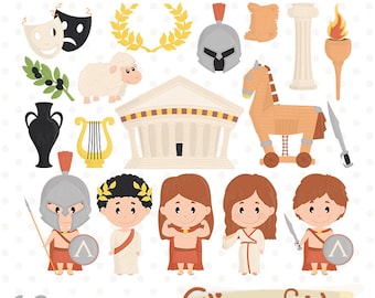 Cute ANCIENT GREECE clipart, Travel clip art, Sparta, King Leonidas, Trojan horse - Digital design, Ancient civilization - INSTANT download