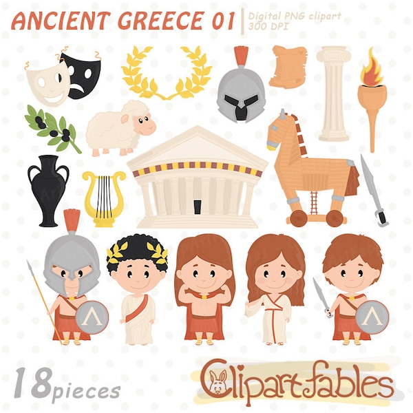 Cute ANCIENT GREECE clipart, Travel clip art, Sparta, King Leonidas, Trojan horse - Digital design, Ancient civilization - INSTANT download