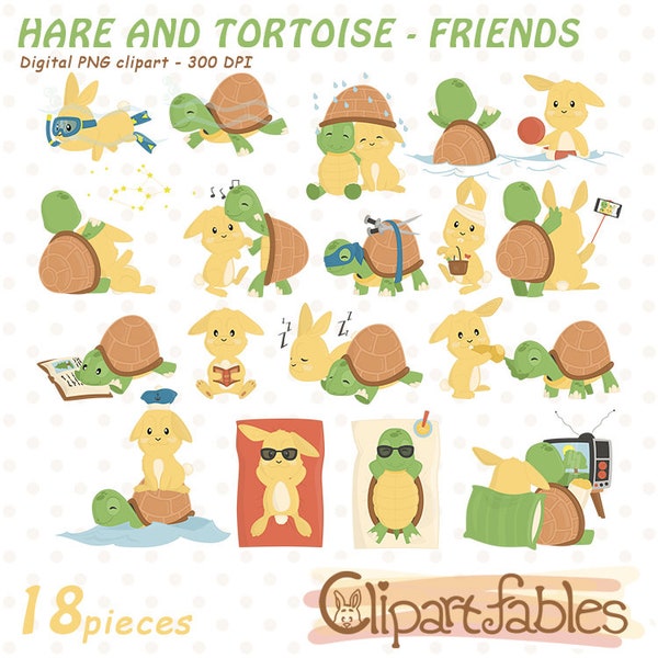 HARE and TORTOISE clipart, Friendship and Love, Best friends clip art set, Funny animals, Dates, Romantic arts for kids - INSTANT download