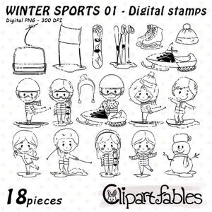 Jeu de tampons numériques SPORT D'HIVER, contour de snowboard, accessoires de sports d'hiver, enfants mignons ski, contour de skate - téléchargement immédiat, PNG numérique