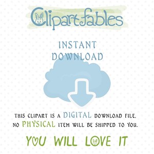 Puede incluir: Un gr&aacute;fico de descarga digital con una nube azul y una flecha blanca apuntando hacia abajo. El texto "Clipart fables" est&aacute; en verde y blanco. El texto "INSTANT DOWNLOAD" est&aacute; en negro. El texto "THIS CLIPART IS A DIGITAL DOWNLOAD FILE, NO PHYSICAL ITEM WILL BE SHIPPED TO YOU." est&aacute; en negro. El texto "YOU WILL LOVE IT" est&aacute; en verde y blanco.