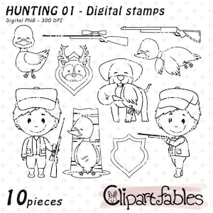 Timbres numériques CHASSE AU CANARD, contour de chasseur, personnages rigolos, dessin au trait saison de chasse - Téléchargement instantané, numérique png thumbnail