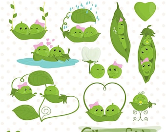 Cute PEAS and LOVE clipart, Valentine's Day illustration, Peas in a Pod, Hap-pea family, Romantic and Love art - INSTANT download