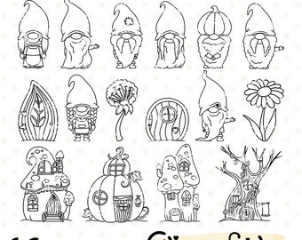 SELLOS DIGITALES DE GNOMOS, Sello de bosque, Gnomos del bosque, Lindas casas de hongos, Esquema de cuento de hadas - Descarga instantánea, Imprimible, Arte digital