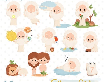THE STORY of CREATION clipart, Biblical story for kids, Genesis, Catholic religion, Cute God character - Instant download