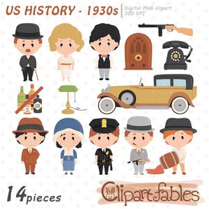 Clipart anni '30, anni Trenta, storia degli Stati Uniti, proibizione dell'alcol, illustrazione carina di un gangster, moda anni '30 - PNG digitale, download immediato