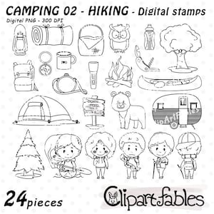 Timbri digitali ESCURSIONISMO, schema CAMPEGGIO, Gita, Viaggio, Escursione nella foresta, Disegno lineare per bambini escursionistici - PNG digitale, Download immediato
