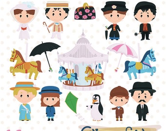 MARY POPPINS characters, Carnival, Carousel horse clipart for kids, Magic, London, Nanny, England - INSTANT download, Digital png design