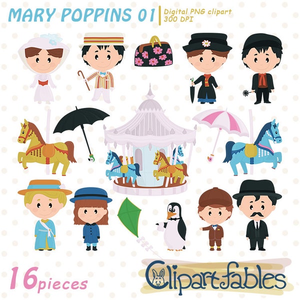 MARY POPPINS characters, Carnival, Carousel horse clipart for kids, Magic, London, Nanny, England - INSTANT download, Digital png design