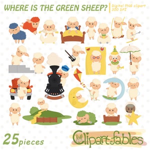 Wo ist das GRÜNE SCHAF? Clipart, niedliche Schafe, Freizeit Clipart, Freizeit, Märchen Clipart - SOFORT Download