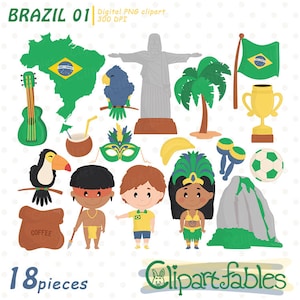 Clipart BRASILE, clipart brasiliana, Rio De Janeiro, Cristo Redentore, Pan di Zucchero, calcio brasiliano, ragazza del Carnevale - download IMMEDIATO