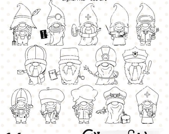 GNOME PROFESSIONS digital stamps, Nurse, Lifeguard, Police officer, Cute fairy tale outline, coloring - INSTANT download, Digital clipart