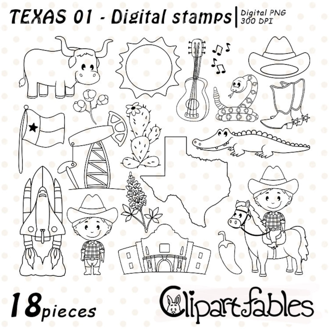 Cute TEXAS STATE Digital Stamps Texas Symbols Cowboy Art Etsy