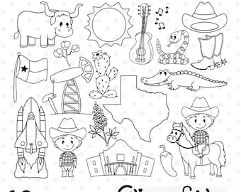Cute TEXAS STATE digital stamps, Texas symbols, Cowboy art, Map and Flag stamp, Alamo design, Digital Png clipart - INSTANT download