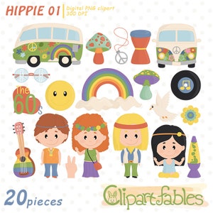 HIPPIE clipart, Flower power clip art, 70&#39;s Retro clip art set, Peace and Love - INSTANT download, Digital PNG