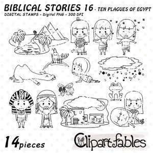 TEN PLAGUES of Ägypten digitale Briefmarken, niedliche biblische Figuren, Line Art, Gliederung der biblischen Geschichte, Sofort-Download, druckbar, digitale PNG