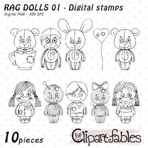 Selos digitais de BONECAS DE PANO, Esboço de brinquedo infantil Raggedy, Arte de linha de boneca assustadora, Colorir bonecas de vodu fofas - Download INSTANTÂNEO, PNG digital