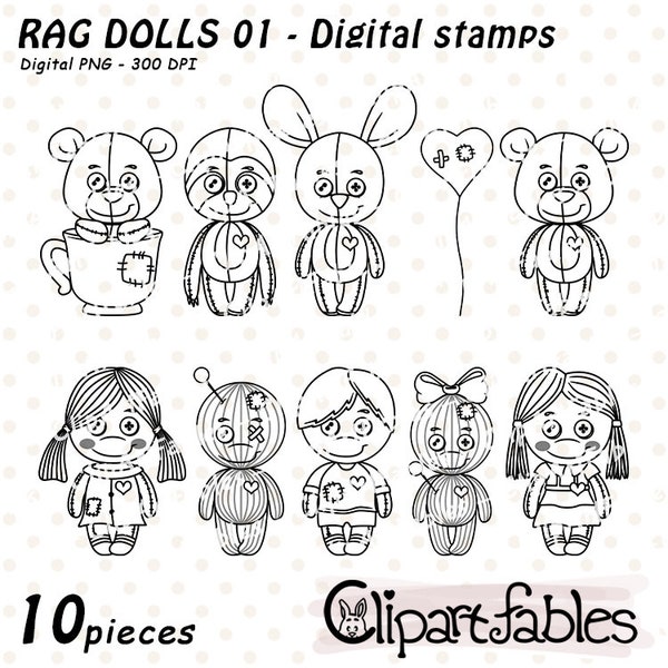 RAG DOLLS digital stamps, Raggedy kids toy outline, Spooky doll line art, Cute voodoo dolls coloring - INSTANT download, Digital png