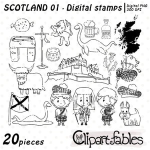 SCOZIA francobolli digitali, arte lineare scozzese, Regno Unito, Haggis, Scottie, contorno di mucca delle Highlands, mostro di Loch Ness, viaggio, Highland - Arte digitale